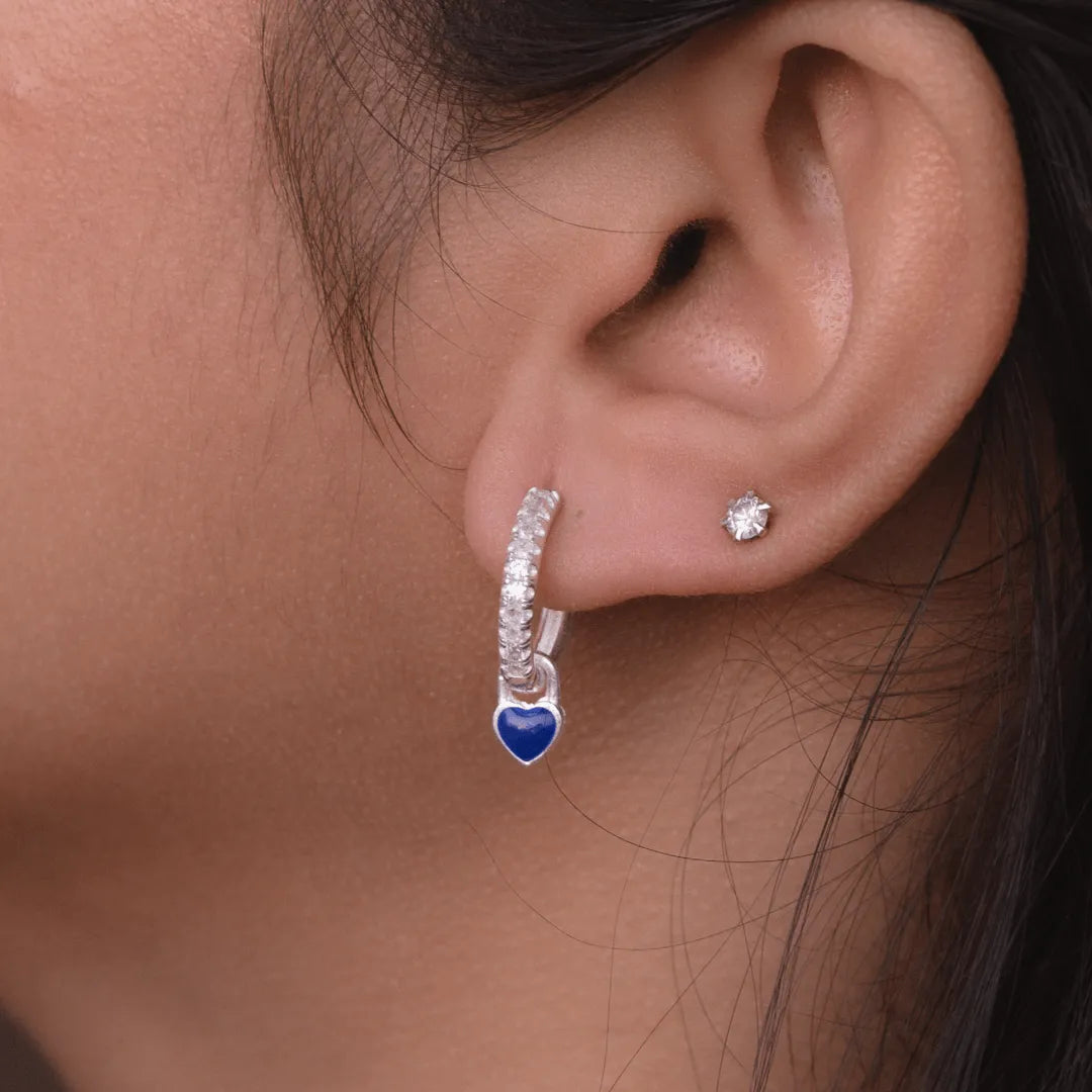 Sterling Silver Pave Heart Charm Hoop Earrings