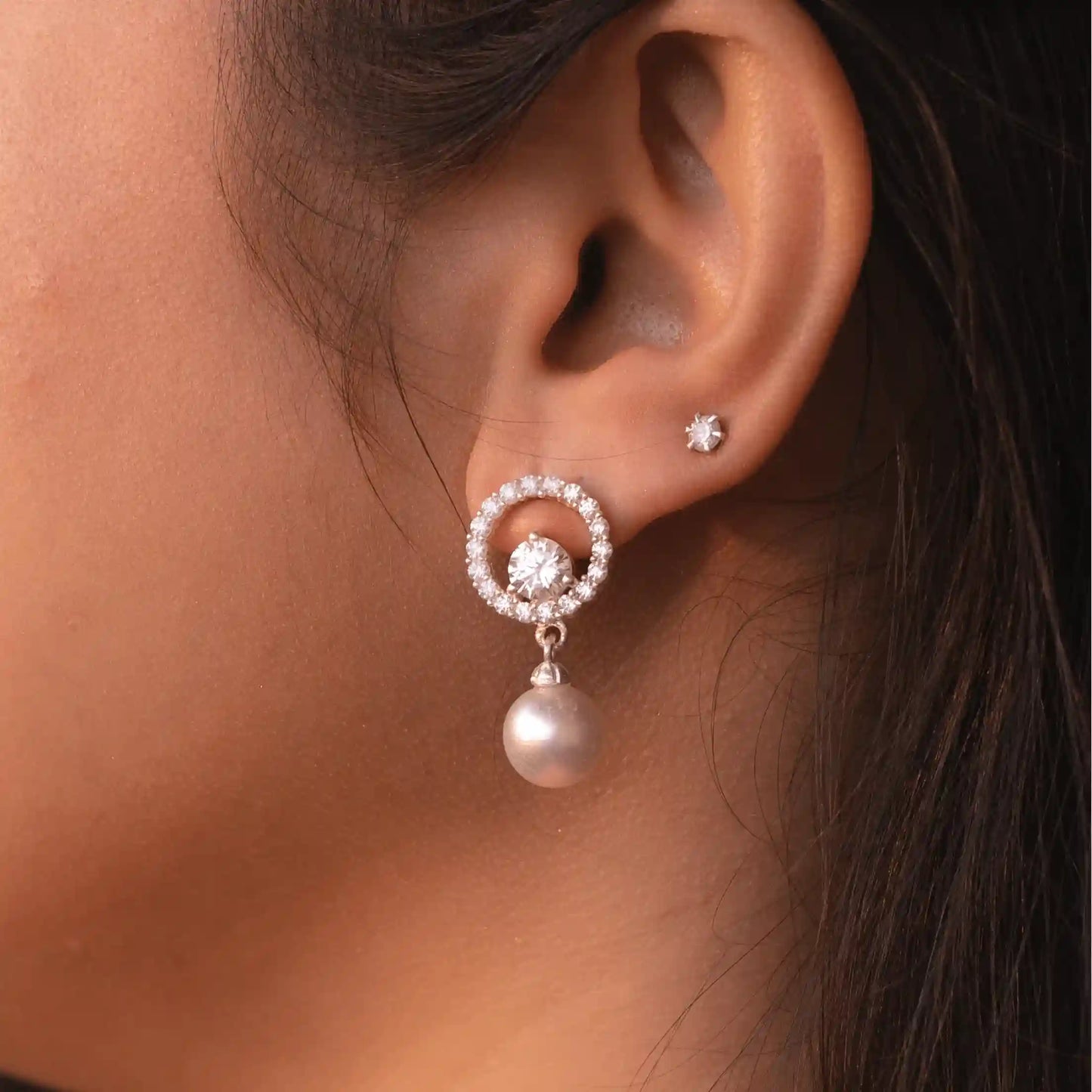 Lustrous Pearl & Zircon Halo Earrings