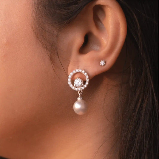 Lustrous Pearl & Zircon Halo Earrings
